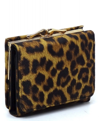 Saffiano Kiss Lock Tri-fold Wallet SA031 LEOPARD
